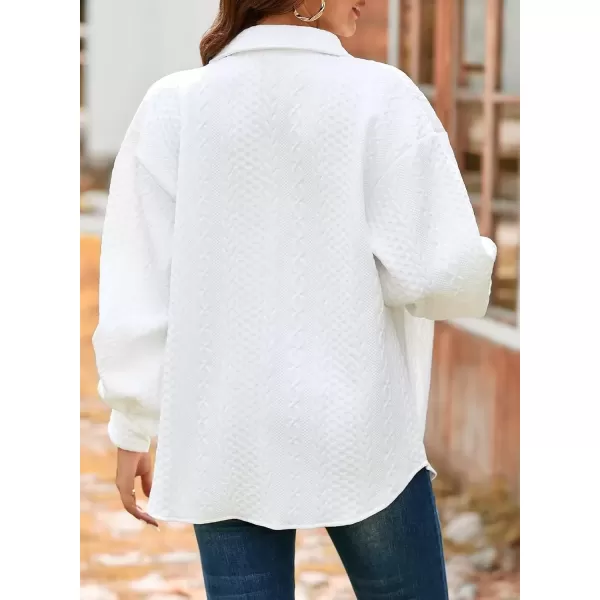 imageAstylish Women Long Lantern Sleeve Shirts Cable Textured V Neck Button Down Tops Casual Oversized BlouseA White