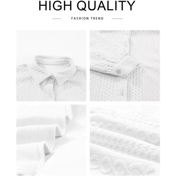 imageAstylish Women Long Lantern Sleeve Shirts Cable Textured V Neck Button Down Tops Casual Oversized BlouseA White