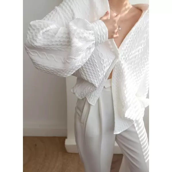 imageAstylish Women Long Lantern Sleeve Shirts Cable Textured V Neck Button Down Tops Casual Oversized BlouseA White