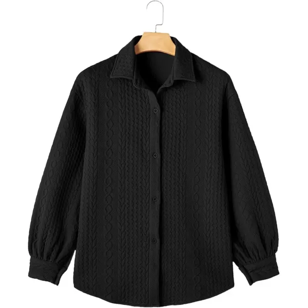 imageAstylish Women Long Lantern Sleeve Shirts Cable Textured V Neck Button Down Tops Casual Oversized BlouseBlack