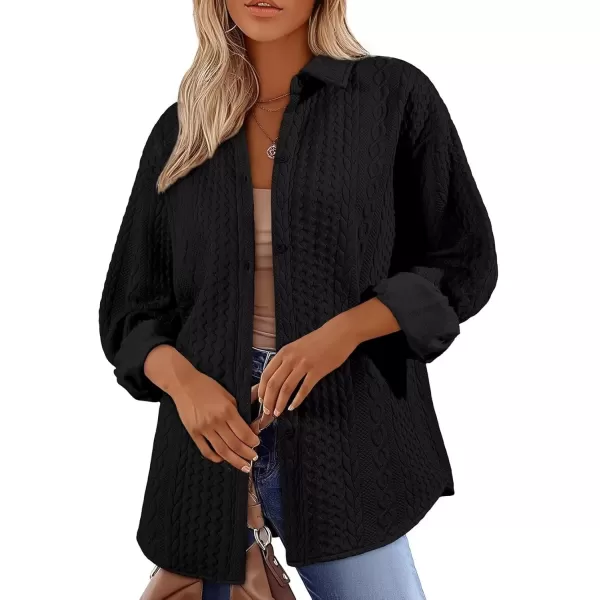 imageAstylish Women Long Lantern Sleeve Shirts Cable Textured V Neck Button Down Tops Casual Oversized BlouseBlack