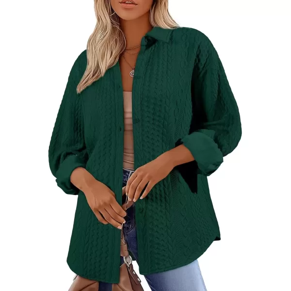 imageAstylish Women Long Lantern Sleeve Shirts Cable Textured V Neck Button Down Tops Casual Oversized BlouseBlackish Green