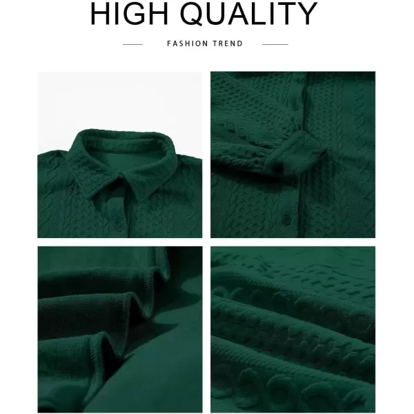 imageAstylish Women Long Lantern Sleeve Shirts Cable Textured V Neck Button Down Tops Casual Oversized BlouseBlackish Green