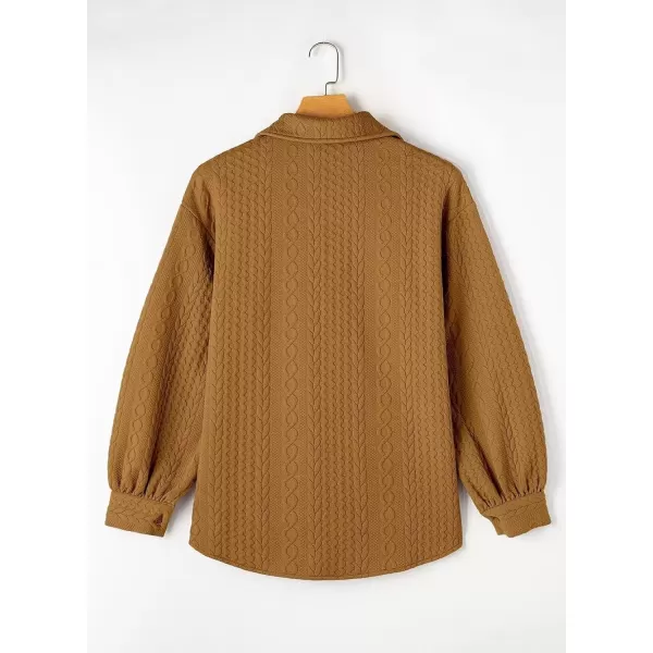 imageAstylish Women Long Lantern Sleeve Shirts Cable Textured V Neck Button Down Tops Casual Oversized BlouseCamel