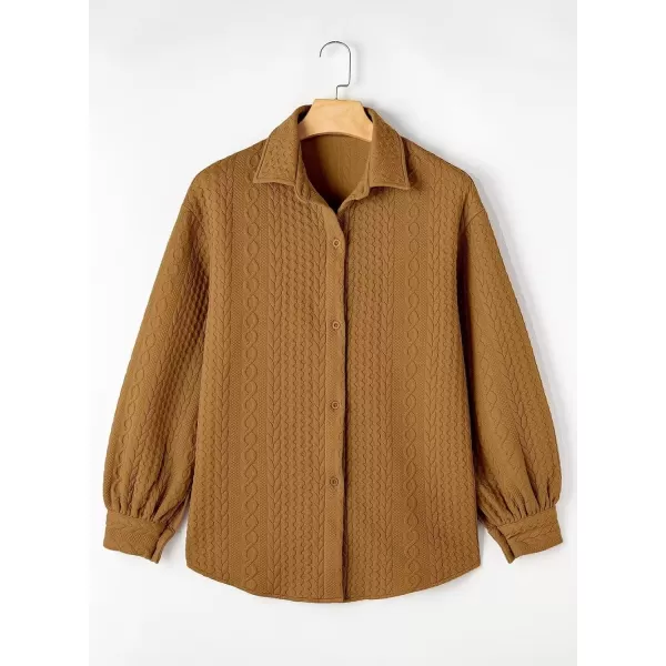 imageAstylish Women Long Lantern Sleeve Shirts Cable Textured V Neck Button Down Tops Casual Oversized BlouseCamel