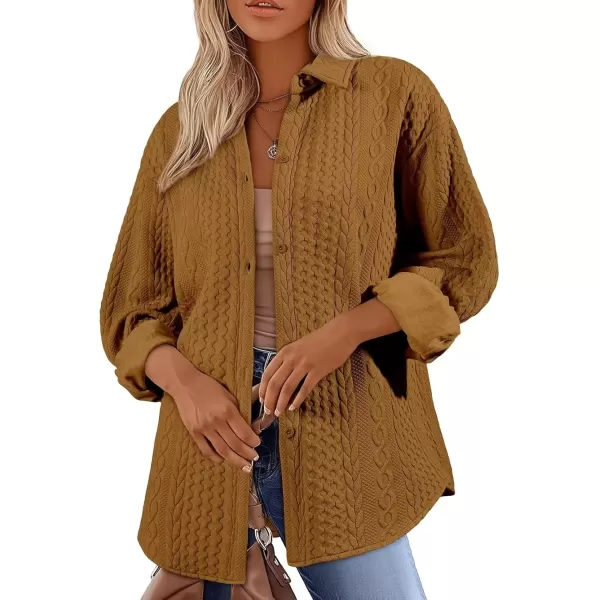 imageAstylish Women Long Lantern Sleeve Shirts Cable Textured V Neck Button Down Tops Casual Oversized BlouseCamel