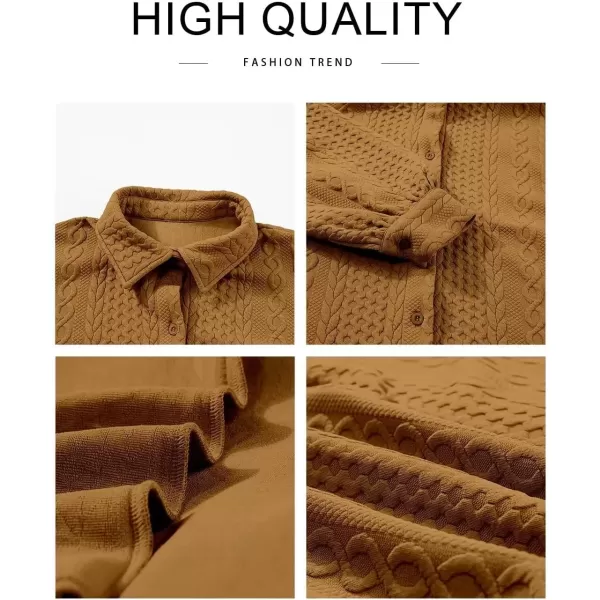 imageAstylish Women Long Lantern Sleeve Shirts Cable Textured V Neck Button Down Tops Casual Oversized BlouseCamel