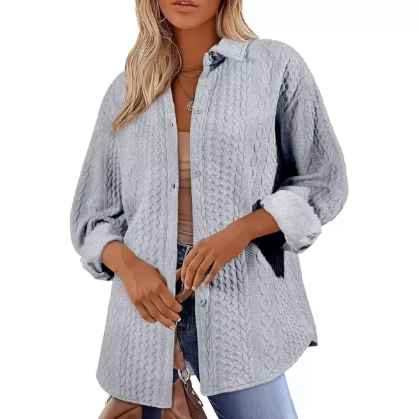 imageAstylish Women Long Lantern Sleeve Shirts Cable Textured V Neck Button Down Tops Casual Oversized BlouseLight Grey
