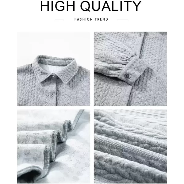 imageAstylish Women Long Lantern Sleeve Shirts Cable Textured V Neck Button Down Tops Casual Oversized BlouseLight Grey
