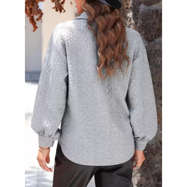 imageAstylish Women Long Lantern Sleeve Shirts Cable Textured V Neck Button Down Tops Casual Oversized BlouseLight Grey
