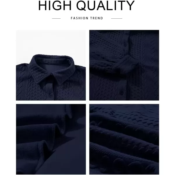imageAstylish Women Long Lantern Sleeve Shirts Cable Textured V Neck Button Down Tops Casual Oversized BlouseNavy Blue