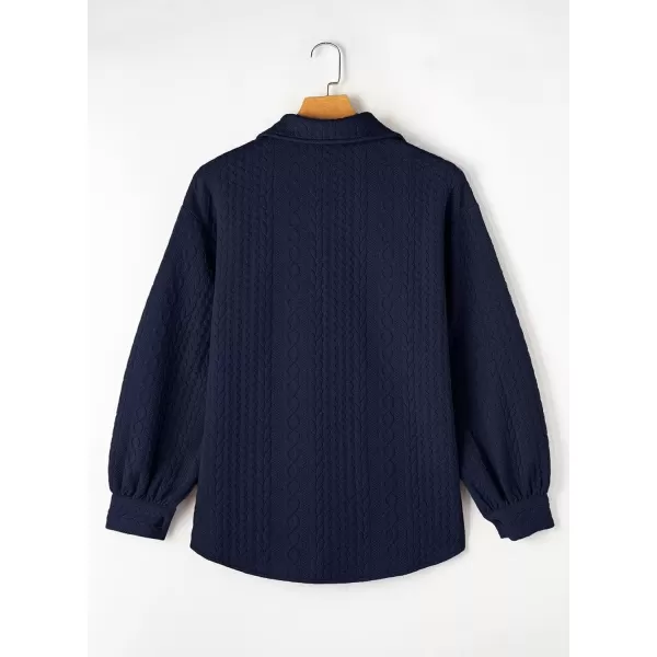 imageAstylish Women Long Lantern Sleeve Shirts Cable Textured V Neck Button Down Tops Casual Oversized BlouseNavy Blue
