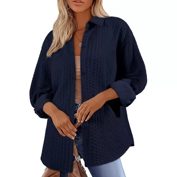 imageAstylish Women Long Lantern Sleeve Shirts Cable Textured V Neck Button Down Tops Casual Oversized BlouseNavy Blue
