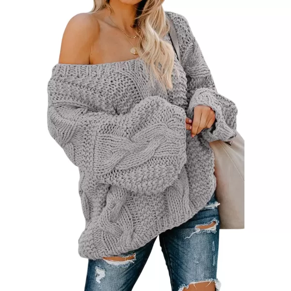 imageAstylish Women Sexy Long Sleeve Off Shoulder Loose Cable Knit Pullover SweaterA Gray