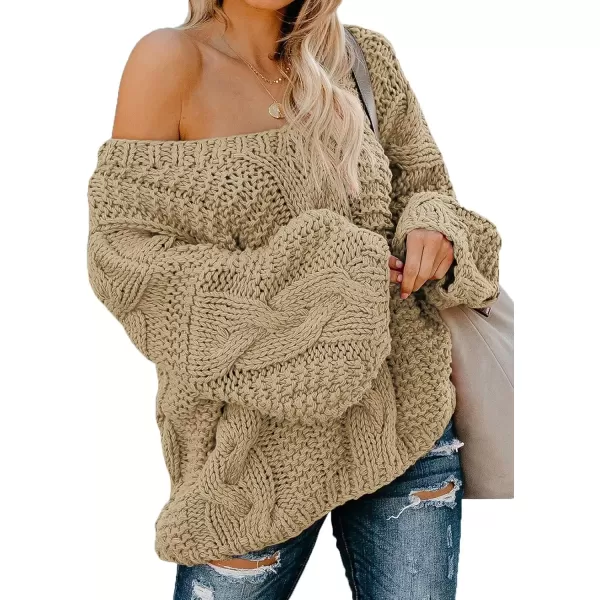 imageAstylish Women Sexy Long Sleeve Off Shoulder Loose Cable Knit Pullover SweaterQ Beige