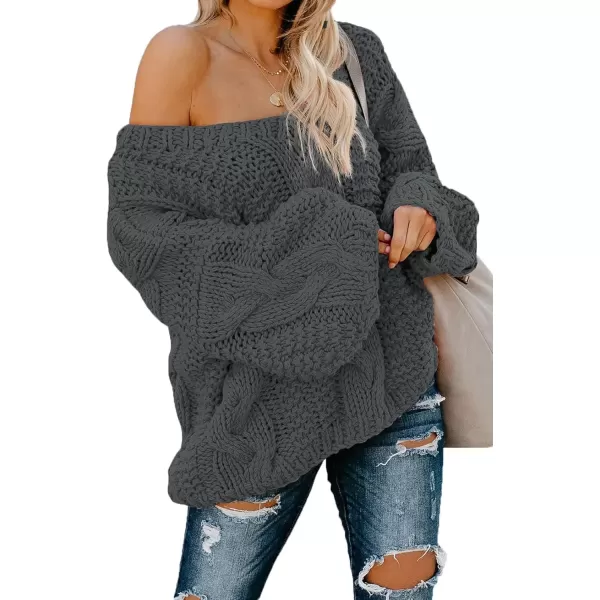 imageAstylish Women Sexy Long Sleeve Off Shoulder Loose Cable Knit Pullover SweaterQ Dark Gray