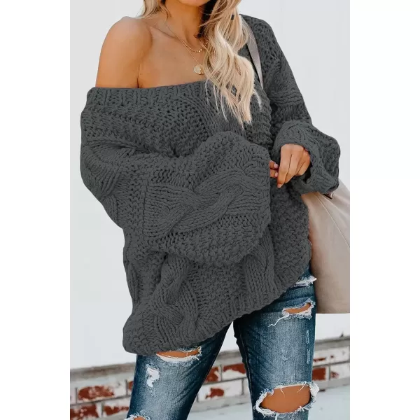 imageAstylish Women Sexy Long Sleeve Off Shoulder Loose Cable Knit Pullover SweaterQ Dark Gray