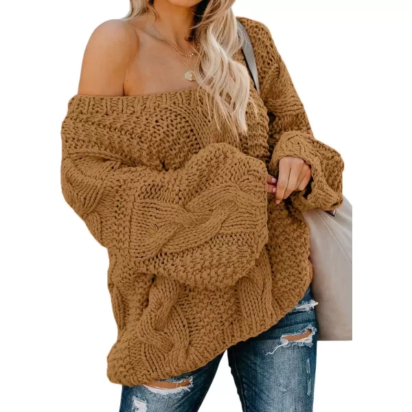 imageAstylish Women Sexy Long Sleeve Off Shoulder Loose Cable Knit Pullover SweaterQ Yellow Brown