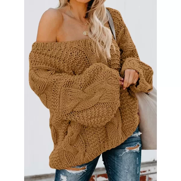 imageAstylish Women Sexy Long Sleeve Off Shoulder Loose Cable Knit Pullover SweaterQ Yellow Brown