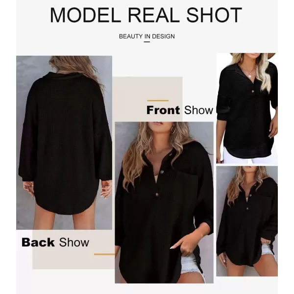 imageAstylish Women Waffle Knit Tops Henley Shirts Long Sleeve V Neck Solid Color Casual TunicBlack