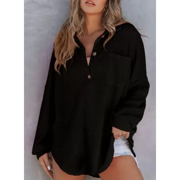 imageAstylish Women Waffle Knit Tops Henley Shirts Long Sleeve V Neck Solid Color Casual TunicBlack
