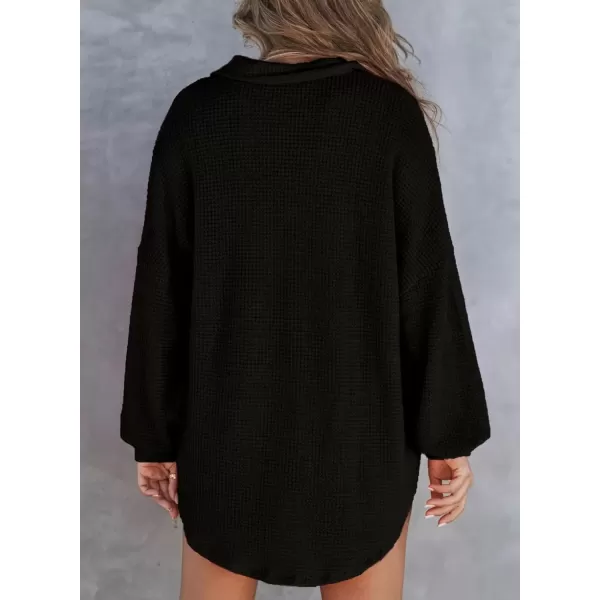 imageAstylish Women Waffle Knit Tops Henley Shirts Long Sleeve V Neck Solid Color Casual TunicBlack