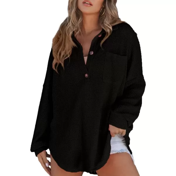 imageAstylish Women Waffle Knit Tops Henley Shirts Long Sleeve V Neck Solid Color Casual TunicBlack