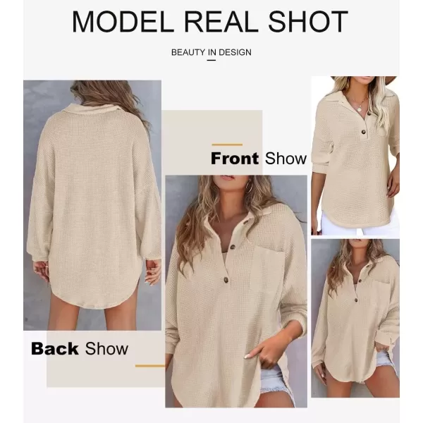 imageAstylish Women Waffle Knit Tops Henley Shirts Long Sleeve V Neck Solid Color Casual TunicLight French Beige