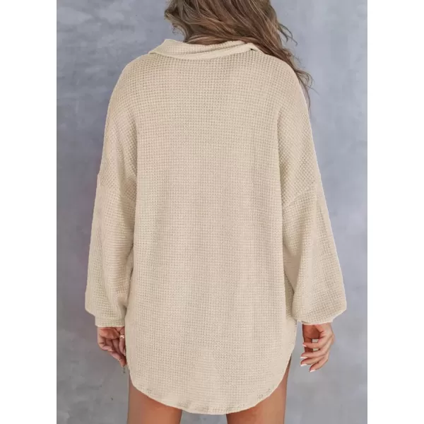 imageAstylish Women Waffle Knit Tops Henley Shirts Long Sleeve V Neck Solid Color Casual TunicLight French Beige