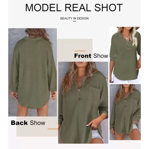imageAstylish Women Waffle Knit Tops Henley Shirts Long Sleeve V Neck Solid Color Casual TunicMoss Green