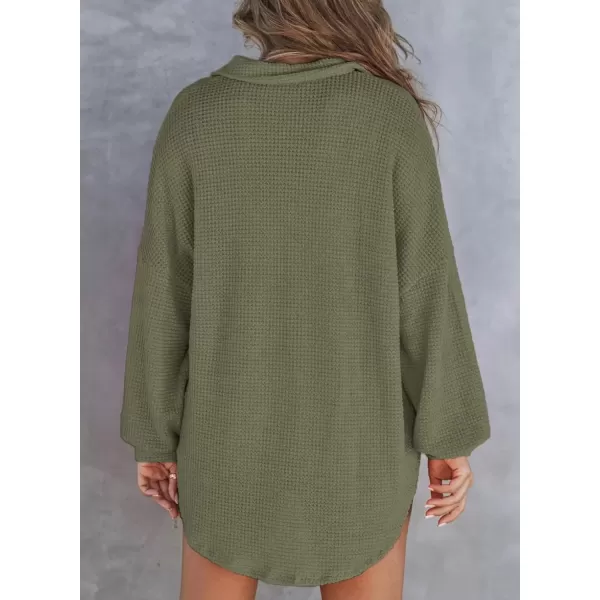 imageAstylish Women Waffle Knit Tops Henley Shirts Long Sleeve V Neck Solid Color Casual TunicMoss Green