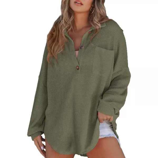 imageAstylish Women Waffle Knit Tops Henley Shirts Long Sleeve V Neck Solid Color Casual TunicMoss Green
