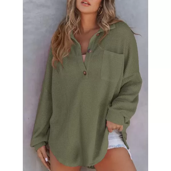 imageAstylish Women Waffle Knit Tops Henley Shirts Long Sleeve V Neck Solid Color Casual TunicMoss Green