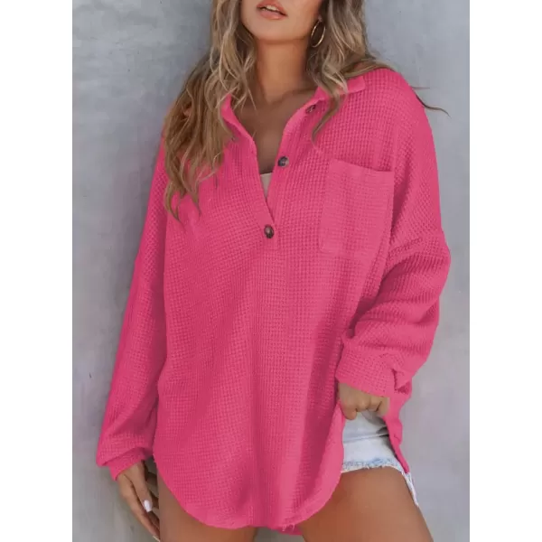 imageAstylish Women Waffle Knit Tops Henley Shirts Long Sleeve V Neck Solid Color Casual TunicRose Red
