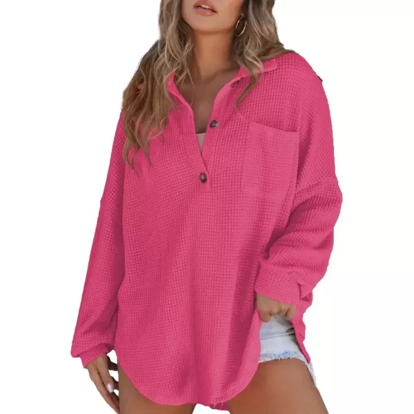 imageAstylish Women Waffle Knit Tops Henley Shirts Long Sleeve V Neck Solid Color Casual TunicRose Red