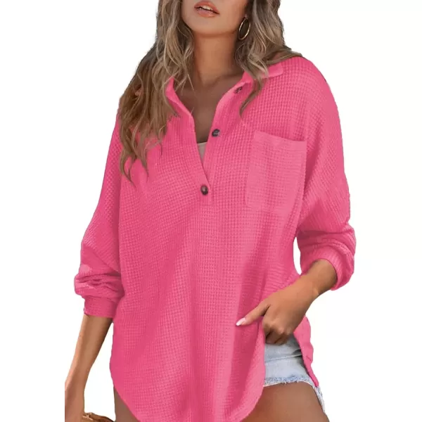 imageAstylish Women Waffle Knit Tops Henley Shirts Long Sleeve V Neck Solid Color Casual TunicRose Red