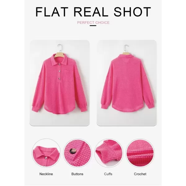 imageAstylish Women Waffle Knit Tops Henley Shirts Long Sleeve V Neck Solid Color Casual TunicRose Red