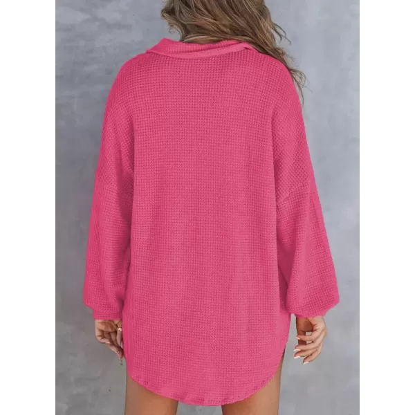 imageAstylish Women Waffle Knit Tops Henley Shirts Long Sleeve V Neck Solid Color Casual TunicRose Red