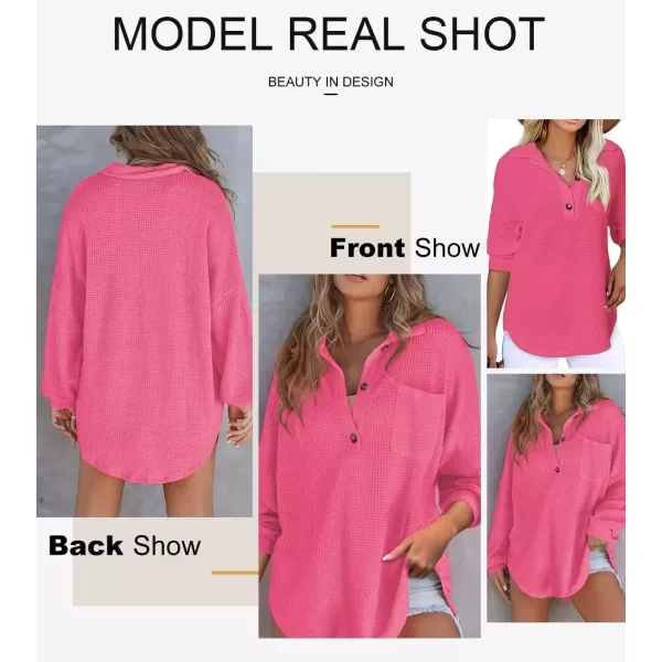 imageAstylish Women Waffle Knit Tops Henley Shirts Long Sleeve V Neck Solid Color Casual TunicRose Red