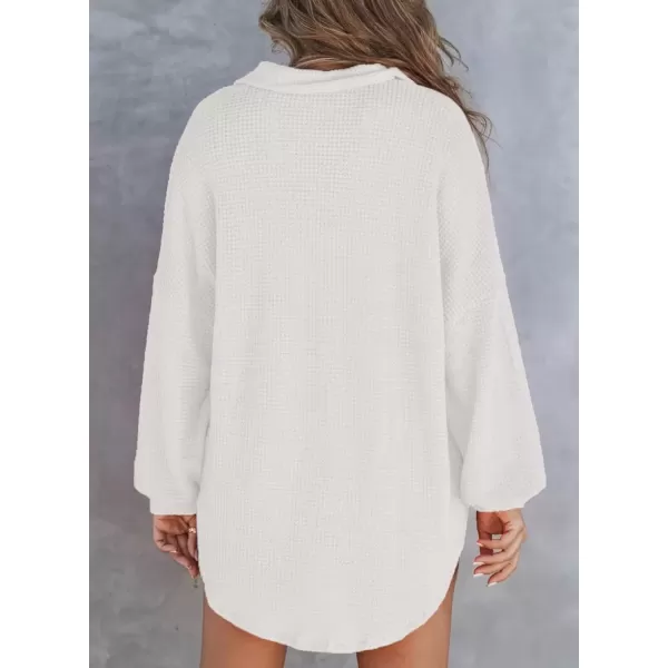 imageAstylish Women Waffle Knit Tops Henley Shirts Long Sleeve V Neck Solid Color Casual TunicWhite