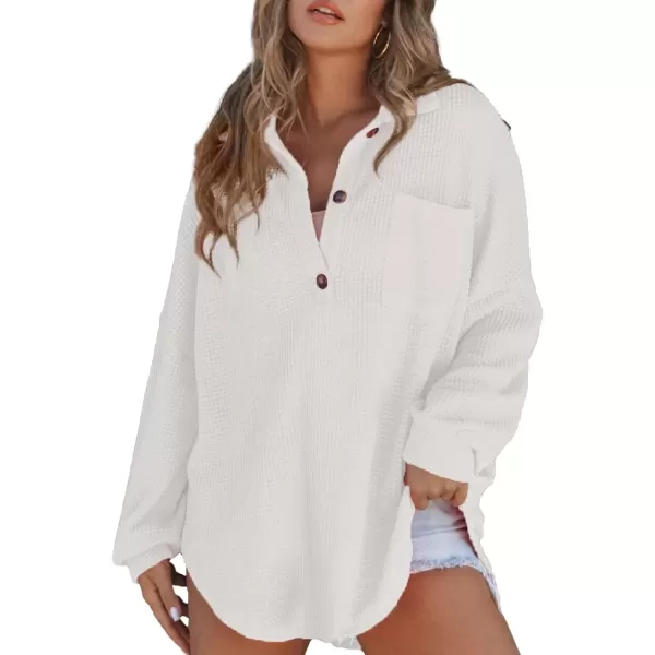 imageAstylish Women Waffle Knit Tops Henley Shirts Long Sleeve V Neck Solid Color Casual TunicWhite