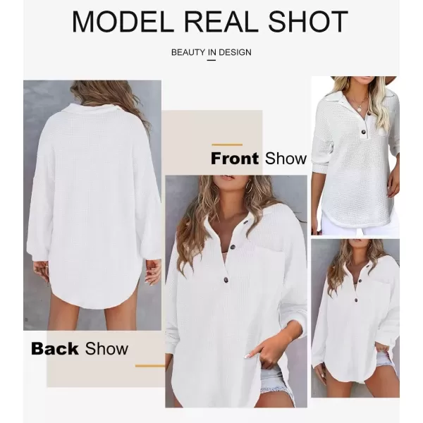 imageAstylish Women Waffle Knit Tops Henley Shirts Long Sleeve V Neck Solid Color Casual TunicWhite