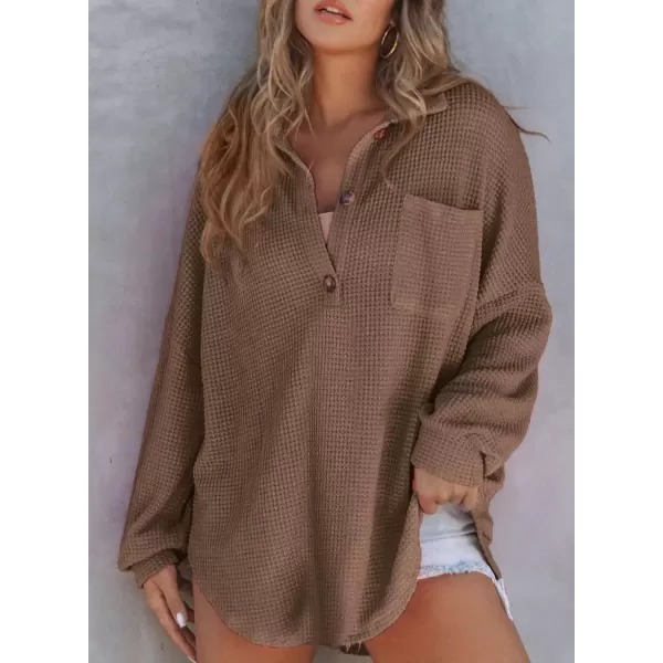 imageAstylish Women Waffle Knit Tops Henley Shirts Long Sleeve V Neck Solid Color Casual TunicX Coffee