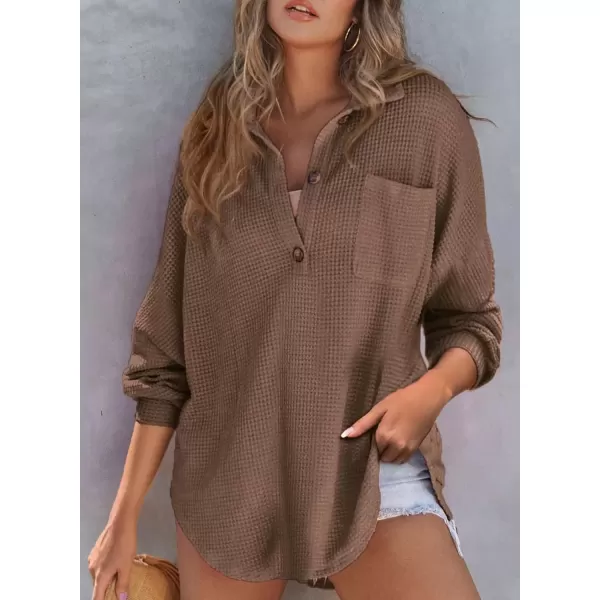 imageAstylish Women Waffle Knit Tops Henley Shirts Long Sleeve V Neck Solid Color Casual TunicX Coffee