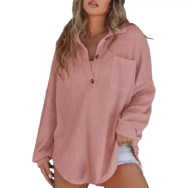 imageAstylish Women Waffle Knit Tops Henley Shirts Long Sleeve V Neck Solid Color Casual TunicX Dusty Pink