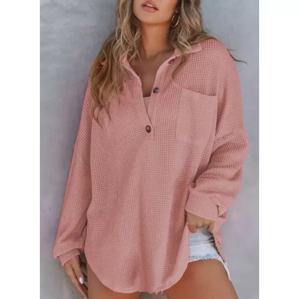imageAstylish Women Waffle Knit Tops Henley Shirts Long Sleeve V Neck Solid Color Casual TunicX Dusty Pink