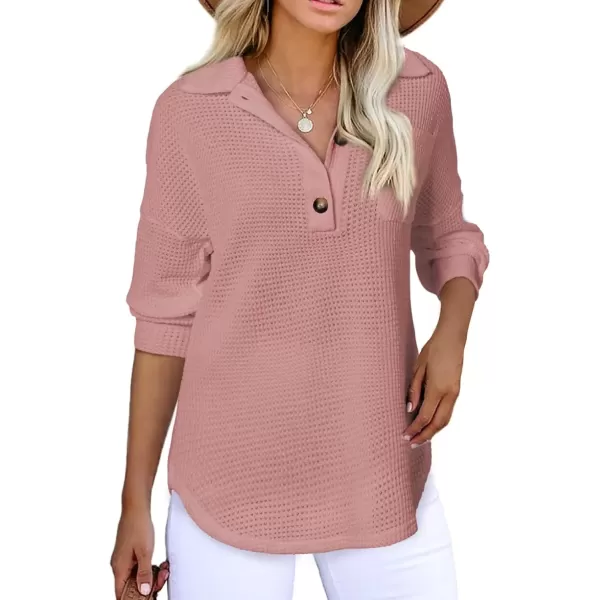 imageAstylish Women Waffle Knit Tops Henley Shirts Long Sleeve V Neck Solid Color Casual TunicX Dusty Pink
