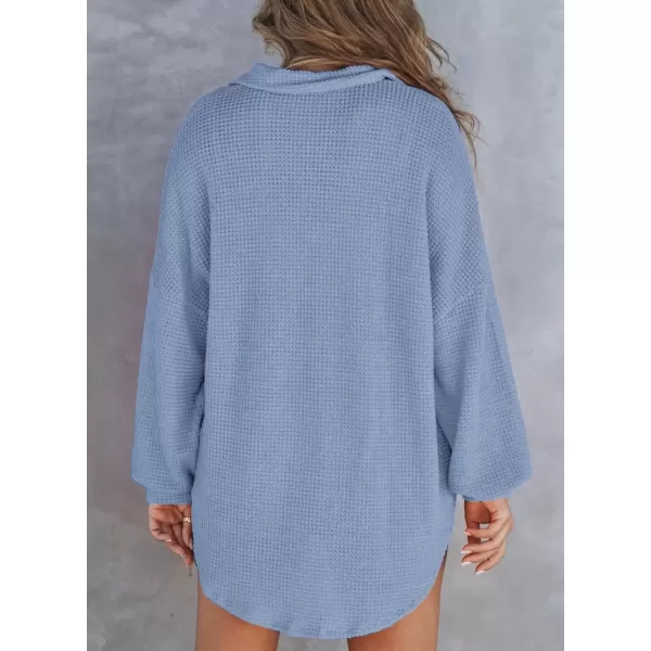 imageAstylish Women Waffle Knit Tops Henley Shirts Long Sleeve V Neck Solid Color Casual TunicX Sky Blue