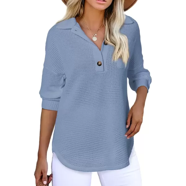 imageAstylish Women Waffle Knit Tops Henley Shirts Long Sleeve V Neck Solid Color Casual TunicX Sky Blue