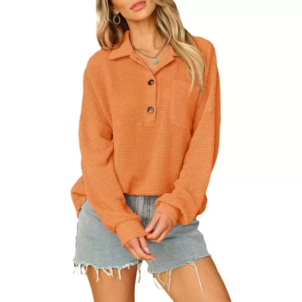imageAstylish Women Waffle Knit Tops Henley Shirts Long Sleeve V Neck Solid Color Casual TunicY Grapefruit Orange